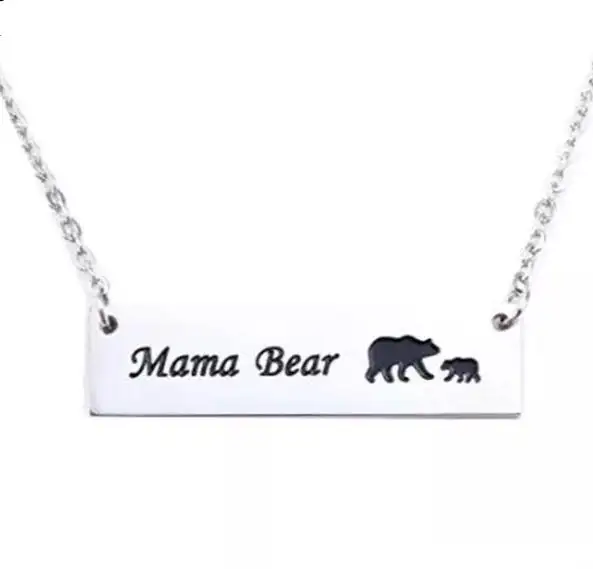 Mama Bear Necklace Cubs Stainless Steel Bar Pendant Mother's Day Gift Ideas Gifts for Mom Grandma