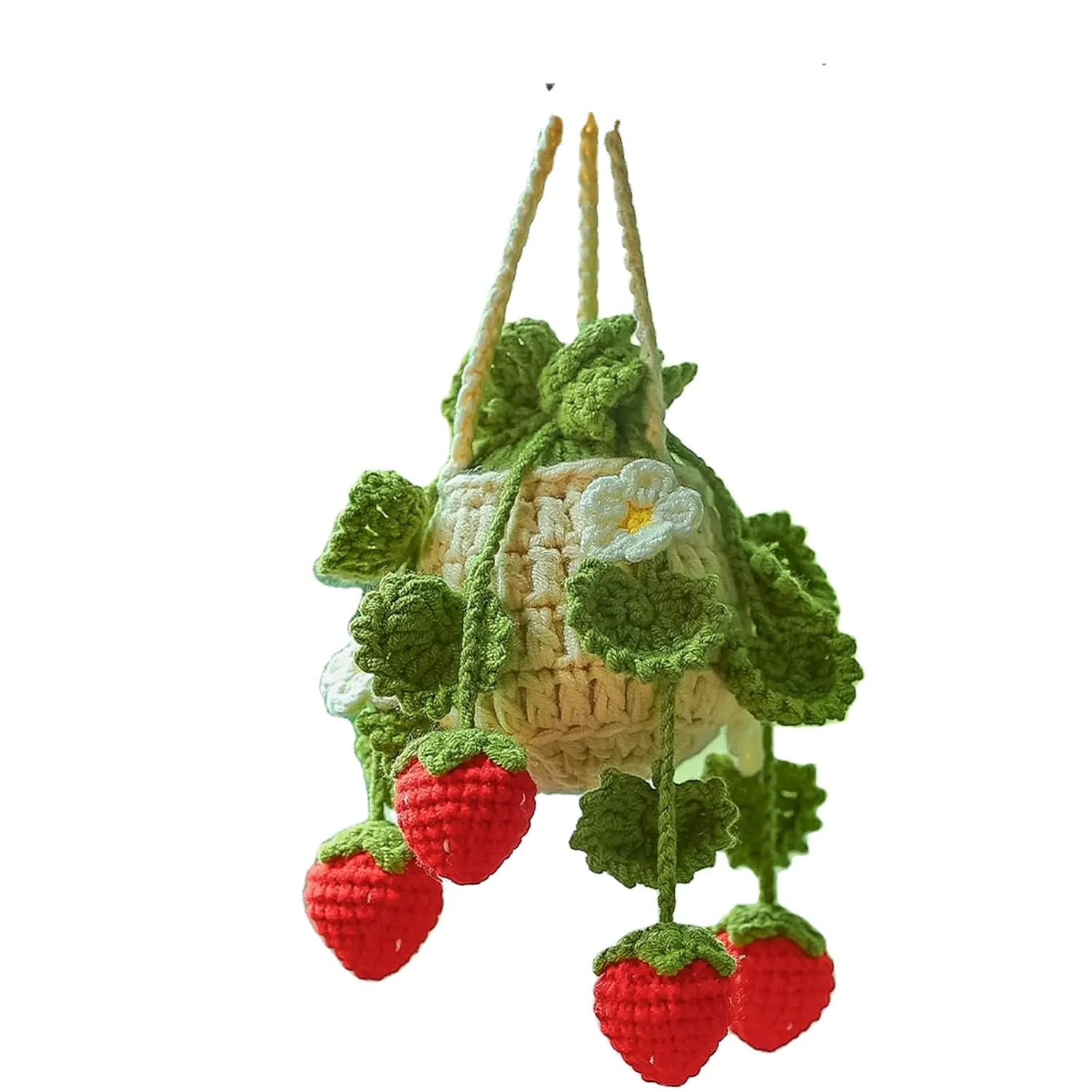 Handmade Crocheted Strawberry Hanging Basket with Artificial Plants Car Interior Rearview Mirror Accessory Gift For Home Decor