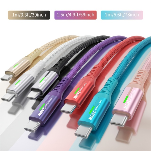 240W USB C to USB C Cable PD 3.1 Fast Charging Braided Type C Cord with LED Indicator 1M 1.5M 2M for Laptop Smartphone Tablet