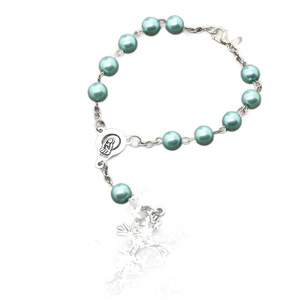 Bracelet chapelet vintage en perles bleues pour femmes, imitation perle, charme croix en argent tibétain, bijoux cadeau - Product Image 4