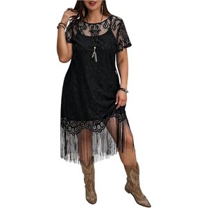 Women's Plus Size Western <b>Dress</b> Sheer Lace Boho Fringe Country Short Sleeve Tassel <b>Cowgirl</b> Outfit Loose O Neck - Product Image 1