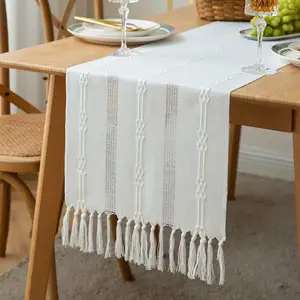 Skymoving New Rustic Table Runner With Cotton Tassels Linen Boho Table Runner Farmhouse Table Decoration For Holiday Party