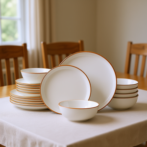 Service de vaisselle en céramique 18 pièces pour 6 personnes, design minimaliste, incrustations dorées, passe au lave-vaisselle, assiettes et bols ronds - Product Image 2