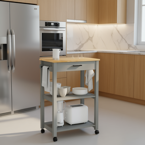 Carrello da Cucina Monza in Legno Massello 60x40x90 cm Grigio con Ruote, 3 Ripiani, 1 Cassetto, Design Moderno - Product Image 2