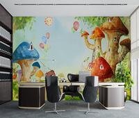 Papier peint pour chambre d'enfant, motif de maison de champignon de conte de fées, dessin animé, ours ludique et ballons colorés, décoration de chambre d'enfant