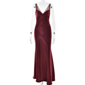 Elegant V-Neck Backless Slip Dress With Lace Trim Sheer Layer Evening Wear - Product Image 5