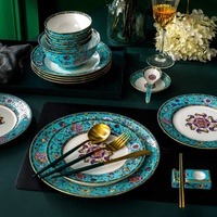 Service de table en porcelaine fine émaillée bleue, vaisselle en céramique avec incrustations dorées et motifs floraux, cadeau pour la maison