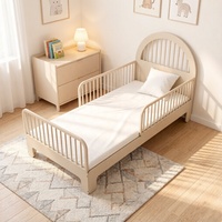 Cama Infantil de Madera Maciza de Estilo Escandinavo con Cabecera Tapizada y Barandillas de Seguridad, Muebles para Guardería