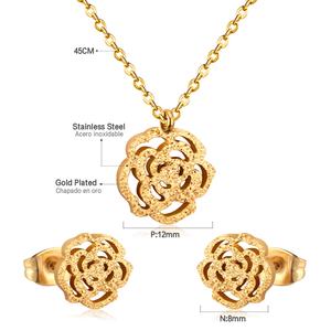 Parures de bijoux de luxe pour femmes, colliers et boucles d'oreilles en acier inoxydable avec pendentif fleur rose, parures de bijoux tendance - Product Image 3