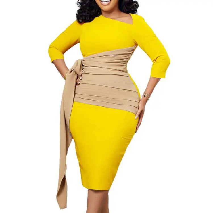 Spring Knee-Length 3xl Big Size Woman Dress Band Belt Half Sleeve Africa Office Dresses for Women Formal Elegant Work Wear