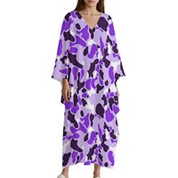 Robe longue ample bohème à imprimé camouflage violet, style kaftan kimono de plage, col en V, manches chauve-souris, grande taille, pour les vacances