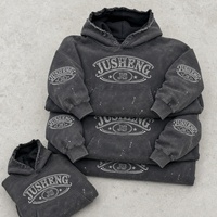 Ensemble de sweat-shirt noir délavé JUSHENG, style vintage, avec étiquette appliquée, deux pièces, streetwear unisexe