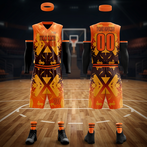 Ensemble de maillots de basket-ball sublimés personnalisés, col en V, sans manches, 100% polyester, évacuation de l'humidité, nom de l'équipe PACE SPORTS 00, orange et noir - Product Image 1