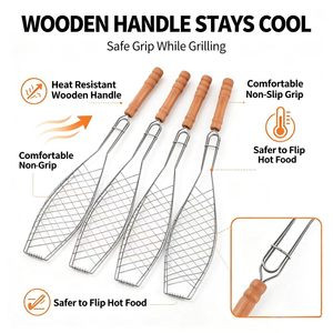 Panier de cuisson en fil d'acier inoxydable pour barbecue avec poignée en bois, facile à nettoyer, résistant à la chaleur, pour grillades de poisson, cuisine extérieure - Product Image 6