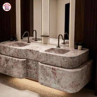 Pembe Breccia Kuvarsit Yüzer Çift Lavabolu Banyo Dolabı Kavisli Masif Taş Duvara Monte Lavabo Dolabı Wabi Sabi Lüks Master