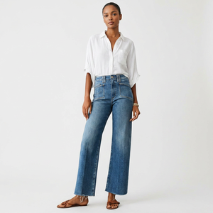 Pantalon en jean large pour femmes de style nouveau sur mesure fabricant d'usine coupe skinny décontractée avec devant plat et techniques lavées - Product Image 1