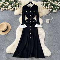Robe décontractée élégante pour femme WIWT, coupe trapèze, manches longues, tricotée, avec poignets contrastants blancs, boutonnée, longueur midi, pour un usage quotidien