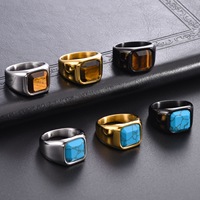 Bague personnalisée pour homme en pierre naturelle œil de tigre et turquoise, bijoux en acier inoxydable plaqué or 18 carats, bague signet