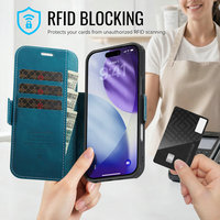 Étui portefeuille classique CaseMe pour iPhone 18 Pro Max avec blocage RFID + recharge sans fil, étui à rabat en PU pour iPhone 18 Pro Max
