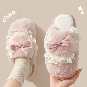 Women's New Winter Lace Bow Cotton for <b>Slippers</b> Lightweight Soft Home Use Embroidered Logo Non-slip for Couples for Spring Seaso - Product Image 1