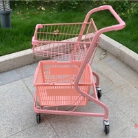 Chariot de courses pliable double couche à quatre roues, chariot de supermarché portable rouge avec porte-boissons KTV, plateforme durable