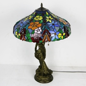 LongHuiJing Newly Handmade Glass Desk <b>Lights</b> Vintage 18Inch Stained Glass Lampshade Tiffany Style Oval Art Flower Stand Lamps - Product Image 3