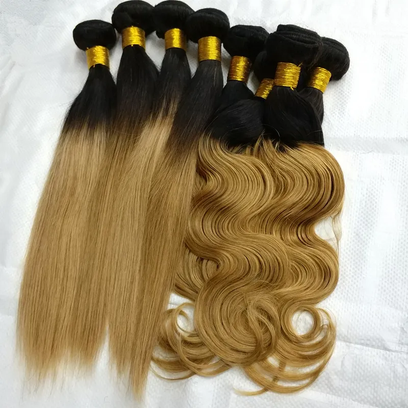 Letsfly On sale 10pcs hair wholesale 2 tones Ombre Brazilian T1B/27 blonde Straight body wave remy Human Hair Extensions