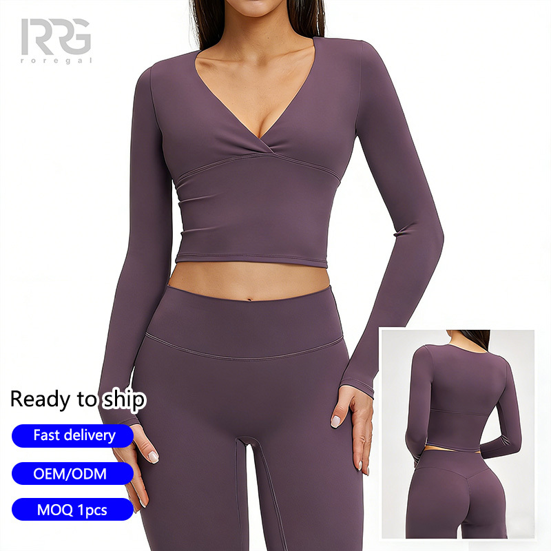 Roregal New Women Snap Buttons Off-shoulder Long Sleeve Yoga Crop Top Ladies Workout Slim Fit Sports Fitness Wear for Gym