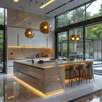 Ensemble d'armoires de cuisine de luxe en contreplaqué écologique personnalisé avec îlot en placage, mobilier de cuisine de villa, conception de modèle 3D