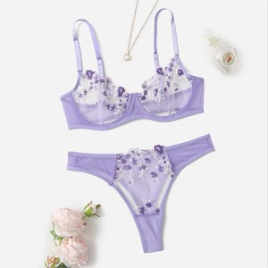 Ensemble de lingerie 2 pièces en maille transparente, broderie florale, élégance sexy, soutien-gorge et culotte, vente chaude - Product Image 6