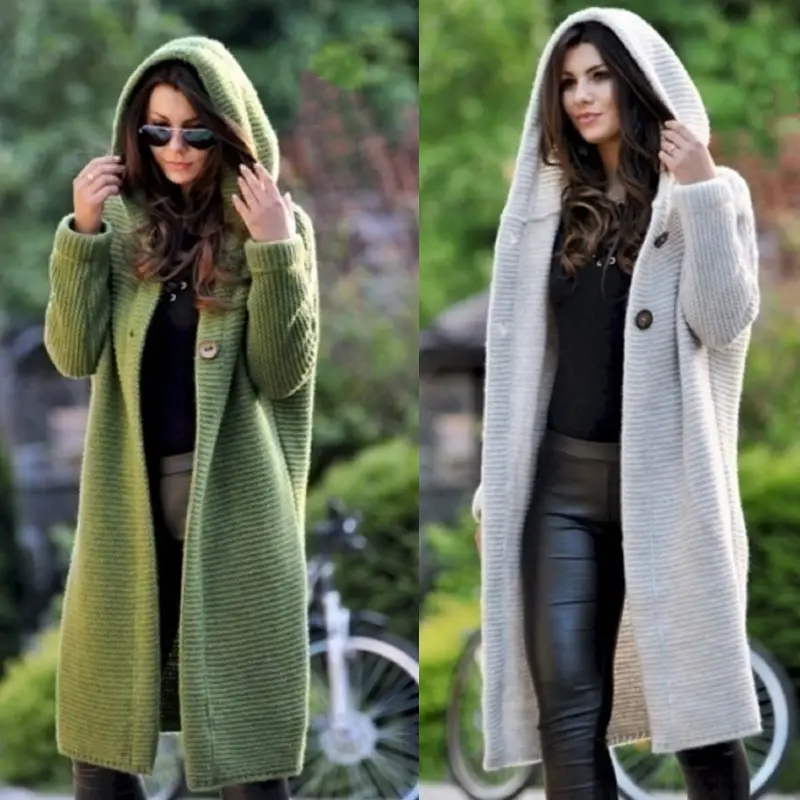 Autumn/Winter women's hooded casual cardigan solid color long knit sweater