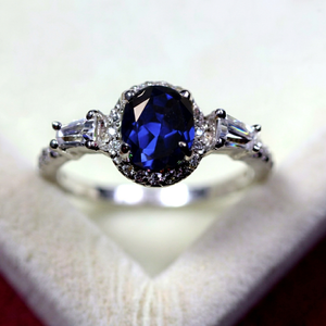 Anillo de Lujo Art Deco con Zafiro Azul Corte Ovalado, Plata de Ley 925, Joyería con Piedras Preciosas, Anillo de Boda para Mujer, Piedra de Nacimiento de Septiembre - Product Image 1