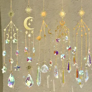 Atacado Pendurado Cristal Lua e Estrelas Sun Catcher Wind Chimes Gold Brass Glass Suncatchers Para Window Decor