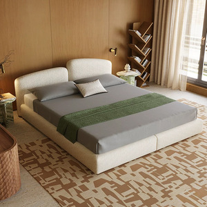 Letto matrimoniale moderno in stile italiano, grande, in tessuto di cotone e lino, minimalista di metà secolo, con struttura in legno di quercia, morbido, 1 anno di garanzia - Product Image 4