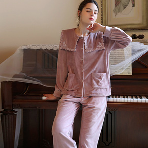 <span class=keywords><strong>Pigiama</strong></span> autunnale in <span class=keywords><strong>pile</strong></span> di visone caldo da donna abbigliamento da notte ricamato francese a tinta unita con chiusura elastica per vita termica - Product Image 2