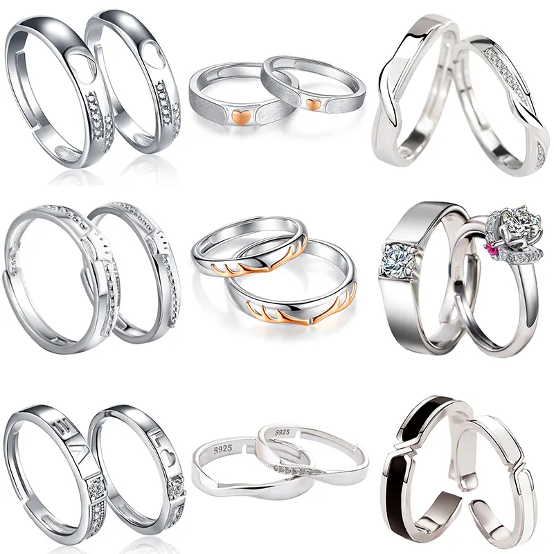 S925 Sterling Silver Adjustable Couple Ring Set Simple Love Wholesale Fine Jewelry Couple Ring