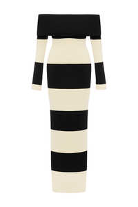 2024 personalizado OEM y ODM tejido negro a rayas sin tirantes manga larga Otoño e Invierno Casual elegante señoras vestidos largos - Product Image 2