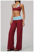Ensemble de pantalons évasés pour femmes, style tendance, color block, sexy, col halter, haute élasticité, pour le sport, la gym, le fitness et le yoga