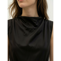 Robe mini noire en satin uni à taille naturelle, col montant et détail de nœud, printemps-été pour femme