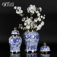 Vente en gros d'urnes en céramique antiques pour la décoration intérieure Pots à gingembre Vases anciens en porcelaine bleue et blanche pour fleurs