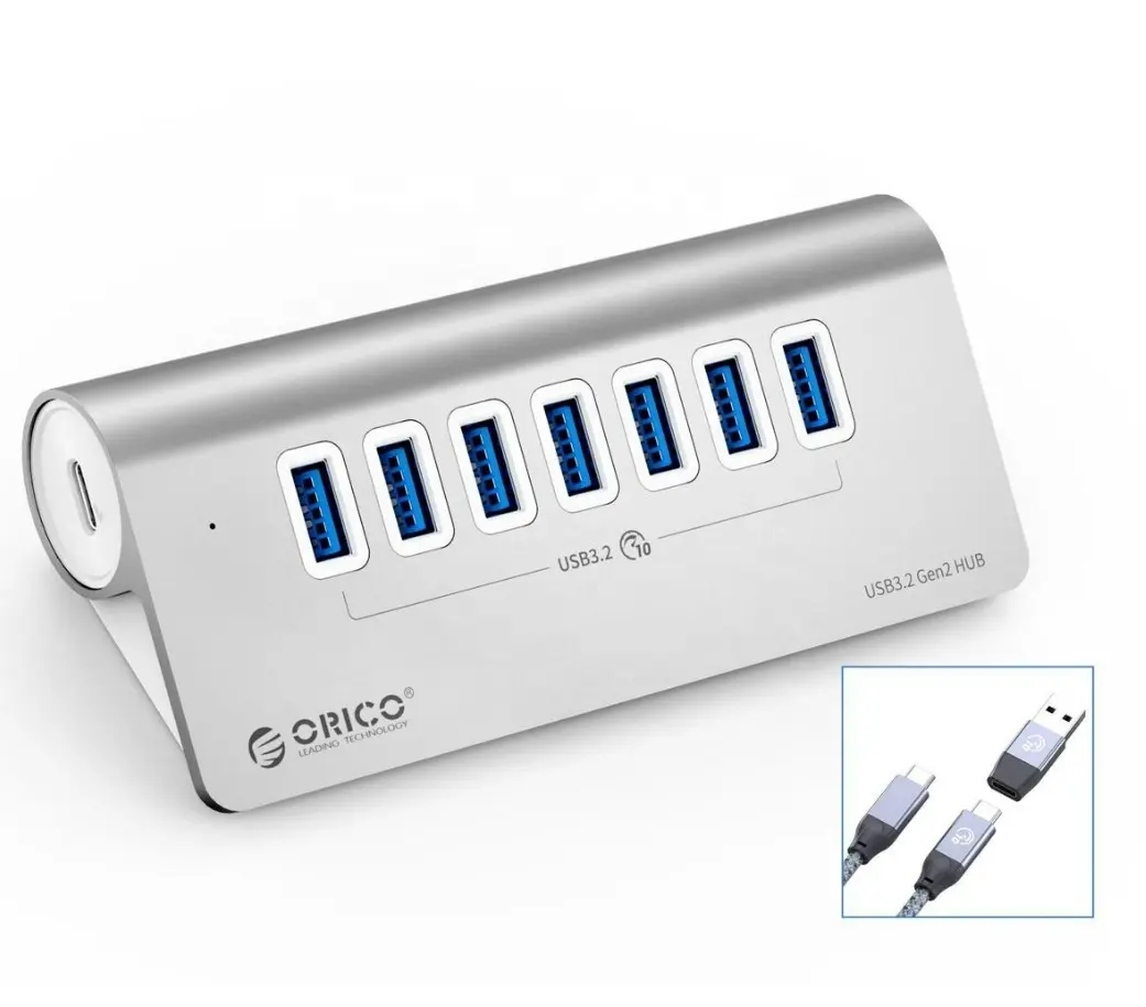 ORICO 7 포트 USB 3.2 세대 2 10Gbps 허브, 알루미늄 합금 쿼드 포트 10Gbps USB 분배기 노트북 PC 컴퓨터 용