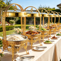 Chauffe-plat de luxe en verre doré pour mariage, avec couvercle suspendu, 8L, chauffage alcool/électrique, pour service traiteur, hôtel de prestige