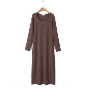 Runqi Robe moulante côtelée à manches longues pour femme, couleur unie, tricotée, coupe ajustée, longueur mi-longue, pour un usage quotidien - Product Image 2