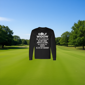 T-shirt a maniche lunghe Golf Widow per la moglie dei golfisti, ancora sposata, design divertente - Product Image 3