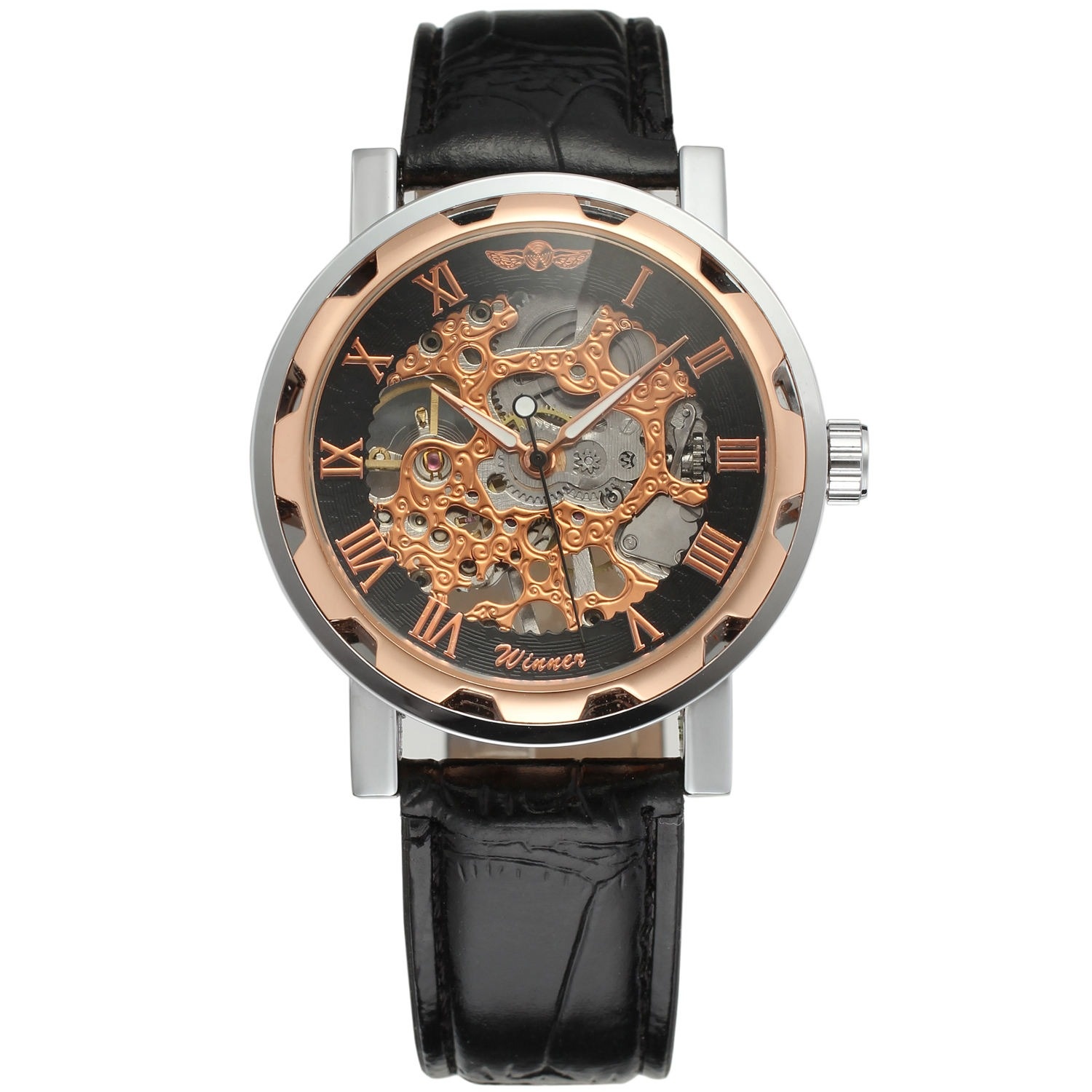 Boîtier en argent, mouvement en or rose, cadran noir