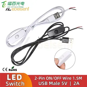 New 5V Switch Power Supply Wire 1.5M USB Male to 2 Core Connection Cable 501 Button ON OFF 2A For LED Strip Lamp Bulb Light DIY