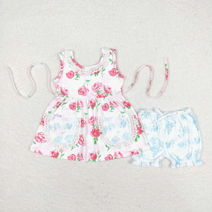 Conjunto de ropa para hermanas, túnica floral sin mangas para niña, pantalones cortos - Product Image 2