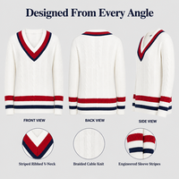 Pull décontracté en maille torsadée pour femme, style preppy, col en V, avec bordure contrastante rouge et bleue, coupe ample à manches longues