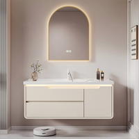 Meuble-lavabo double vasque mural de 48 pouces, style japonais moderne, avec miroir intelligent résistant à l'eau et vasque en céramique, pour salle de bain scolaire