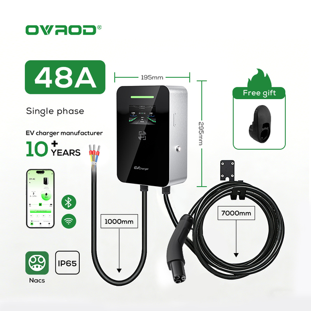 Ovrod APP and RFID 11.5KW 48A Nacs EV Charger Wallbox with 4.3-inch Colour LCD Screen Tesla Compatible